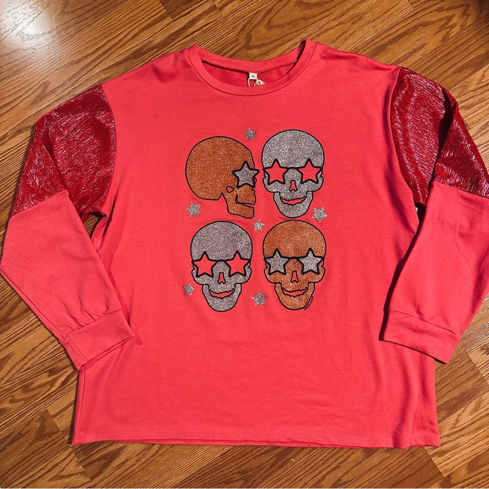 New Grace + Emma Glitter Star Skulls with shiny Sleeves Sweatshirt XL